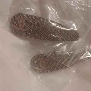 CHANEL S Gold Embellished Hair Clips Gun Metal Bling.